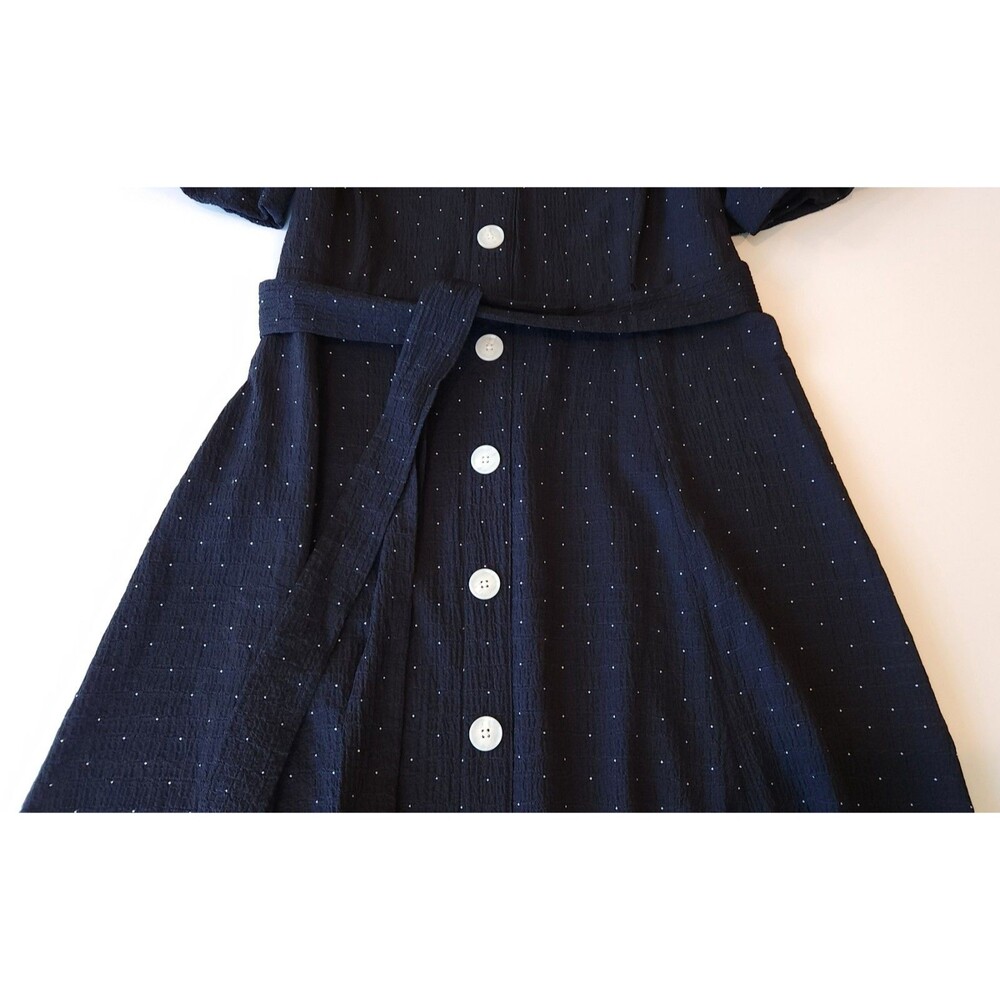 Tommy Hilfiger Dress Womens Navy Blue Polka Dot Button Front Midi Tie Belt - 14 - Picture 4 of 12